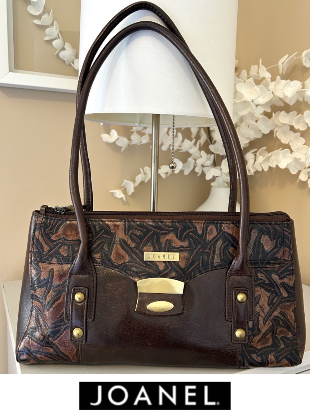 Vintage Y2K Joanel Brown Leather Embossed East West Shoulder Bag EUC